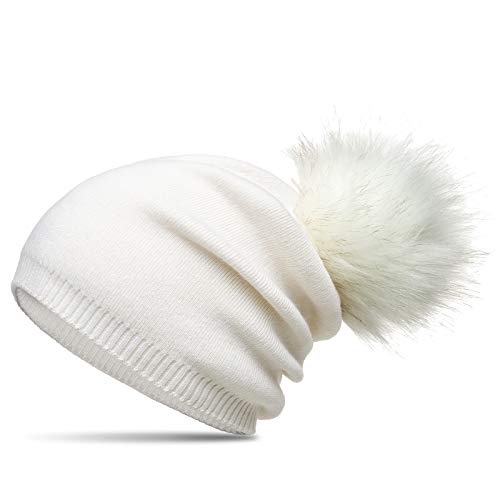 Caspar MU205 Gefütterte Damen Feinstrick Long Beanie Mütze mit tierschutzgerechtem Kunstfell Bommel, Farbe:wollweiß, Größe:Einheitsgröße Caspar MU205 Gefütterte Damen Feinstrick Long Beanie Mütze mit tierschutzgerechtem Kunstfell Bommel, Farbe:wollweiß, Größe:Einheitsgröße von Caspar
