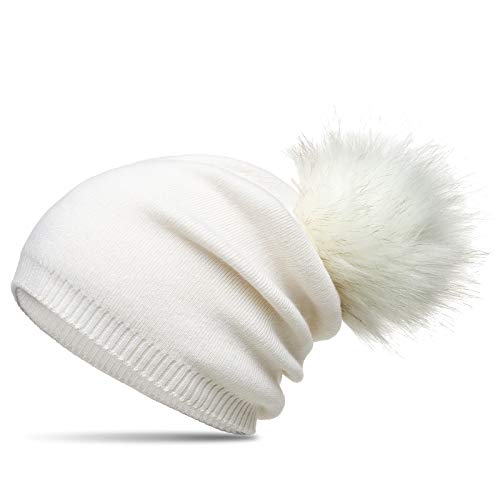 Caspar MU205 Gefütterte Damen Feinstrick Long Beanie Mütze mit tierschutzgerechtem Kunstfell Bommel, Farbe:wollweiß, Größe:Einheitsgröße von Caspar