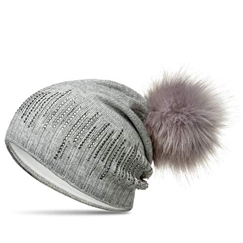 Caspar MU206 Gefütterte Damen Feinstrick Long Beanie Mütze mit Glitzer Strass und tierschutzgerechtem Kunstfell Bommel, Farbe:hellgrau, Größe:Einheitsgröße von Caspar