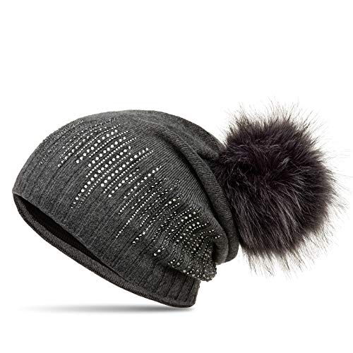 Caspar MU206 Gefütterte Damen Feinstrick Long Beanie Mütze mit Glitzer Strass und tierschutzgerechtem Kunstfell Bommel, Farbe:dunkelgrau, Größe:Einheitsgröße von Caspar