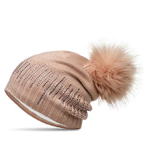 Caspar MU206 Gefütterte Damen Feinstrick Long Beanie Mütze mit Glitzer Strass und tierschutzgerechtem Kunstfell Bommel, Farbe:rosa, Größe:Einheitsgröße von Caspar