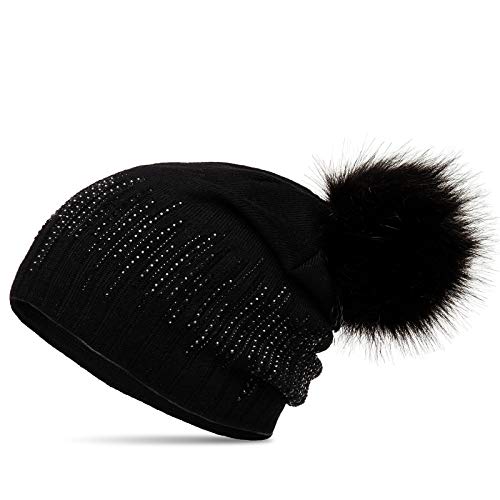 Caspar MU206 Gefütterte Damen Feinstrick Long Beanie Mütze mit Glitzer Strass und tierschutzgerechtem Kunstfell Bommel, Farbe:schwarz, Größe:Einheitsgröße von Caspar