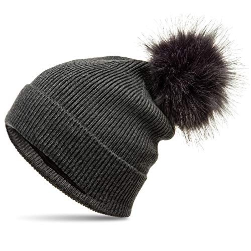 Caspar MU212 Gefütterte Damen Strick Long Beanie Mütze mit Kunstfell Bommel, Farbe:dunkelgrau, Größe:Einheitsgröße von Caspar