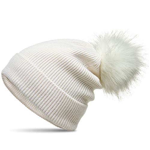 Caspar MU212 Gefütterte Damen Strick Long Beanie Mütze mit Kunstfell Bommel, Farbe:wollweiß, Größe:Einheitsgröße von Caspar