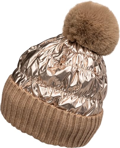 Caspar MU217 Damen warm gefütterte Winter Materialmix Metallic Glanz Bommelmütze, Farbe:Taupe, Accessoires:One Size von Caspar