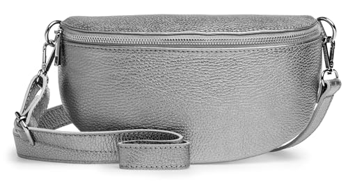 Caspar Mittelgroße Leder Bauchtasche Cross Body Damen Gürteltasche mit verstellbarem Gurt - Classic LINE - Modell No.799 - Made in Italy, Farbe:dunkelsilber metallic, Größe:One Size von Caspar