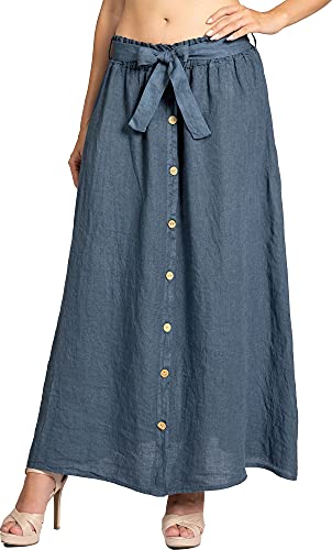 Caspar RO032 Langer Maxi Sommer Leinenrock mit Holzknöpfe Dekor, Farbe:Jeans blau, Größe:42 von Caspar