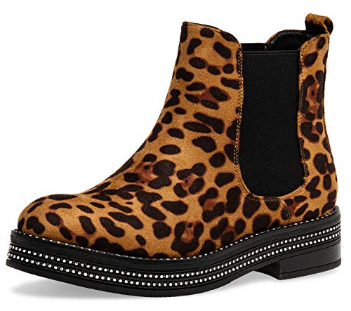 Caspar SBO092 Damen Chelsea Boots mit dezentem Glitzer Strass Dekor, Farbe:Leopard braun, Größe:38 EU von Caspar