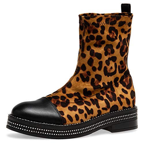 Caspar SBO093 Damen Schlupf Stiefeletten mit Glitzer Strass Dekor, Farbe:leopard braun, Größe:38 EU von Caspar