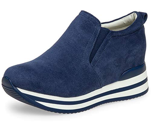 Caspar SBO099 Damen Velours Sneaker Low mit 7 cm hohem Absatz, Farbe:blau, Größe:39 EU von Caspar