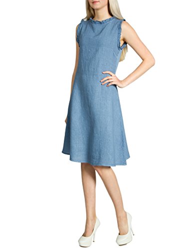 Caspar SKL012 knielanges leichtes Damen Sommer Leinenkleid mit kleinem Wellenkragen, Farbe:Jeans blau, Größe:S - DE36 UK8 IT40 ES38 US6 von Caspar