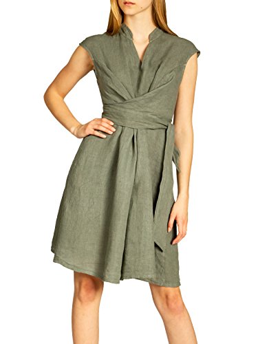 Caspar SKL016 Elegantes knielanges Damen Sommer Leinenkleid, Farbe:Oliv grün, Größe:M - DE38 UK10 IT42 ES40 US8 von Caspar