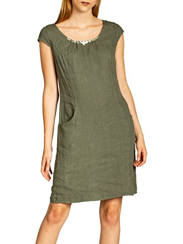 Caspar SKL018 knielanges Damen Sommer Leinenkleid mit Perlmutt Knöpfe Dekor, Farbe:Oliv grün, Größe:L - DE40 UK12 IT44 ES42 US10 von Caspar