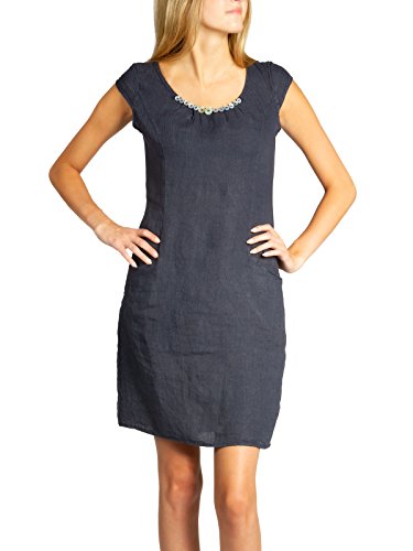 Caspar SKL018 knielanges Damen Sommer Leinenkleid mit Perlmutt Knöpfe Dekor, Farbe:dunkelblau, Größe:5XL - DE50 UK22 IT54 ES52 US20 von Caspar