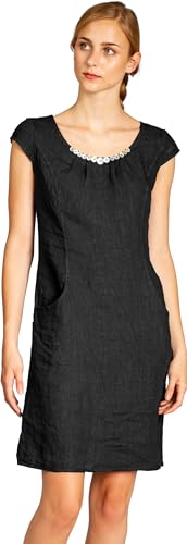 Caspar SKL018 knielanges Damen Sommer Leinenkleid mit Perlmutt Knöpfe Dekor, Farbe:schwarz, Größe:M - DE38 UK10 IT42 ES40 US8 von Caspar