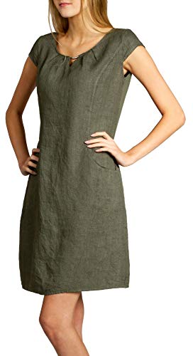 Caspar SKL020 knielanges Damen Sommer Leinenkleid mit eleganter Metallspange bis Größe 50, Farbe:Oliv grün, Größe:L - DE40 UK12 IT44 ES42 US10 von Caspar