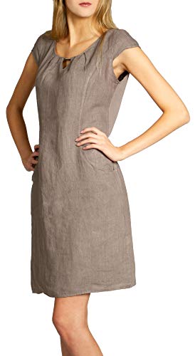 Caspar SKL020 knielanges Damen Sommer Leinenkleid mit eleganter Metallspange bis Größe 50, Farbe:Taupe, Größe:M - DE38 UK10 IT42 ES40 US8 von Caspar