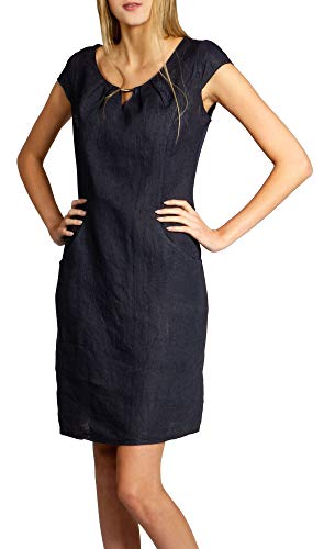 Caspar SKL020 knielanges Damen Sommer Leinenkleid mit eleganter Metallspange bis Größe 50, Farbe:dunkelblau, Größe:S - DE36 UK8 IT40 ES38 US6 von Caspar