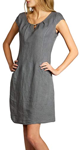 Caspar SKL020 knielanges Damen Sommer Leinenkleid mit eleganter Metallspange bis Größe 50, Farbe:grau, Größe:S - DE36 UK8 IT40 ES38 US6 von Caspar