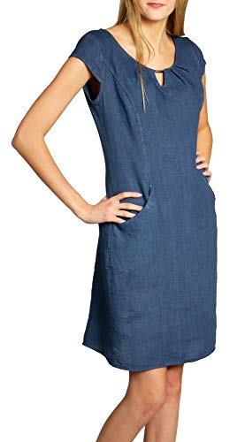 Caspar SKL020 knielanges Damen Sommer Leinenkleid mit eleganter Metallspange bis Größe 50, Farbe:Jeans blau, Größe:4XL - DE48 UK20 IT52 ES50 US18 von Caspar