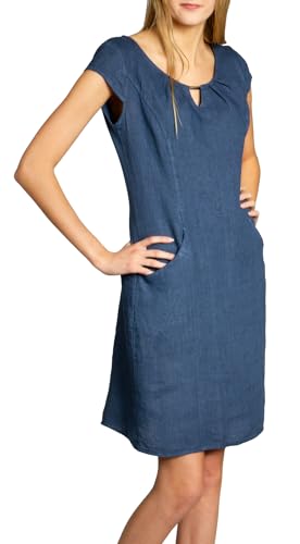 Caspar SKL020 knielanges Damen Sommer Leinenkleid mit eleganter Metallspange bis Größe 50, Farbe:Jeans blau, Größe:M - DE38 UK10 IT42 ES40 US8 von Caspar