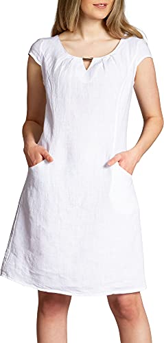 Caspar SKL020 knielanges Damen Sommer Leinenkleid mit eleganter Metallspange bis Größe 50, Farbe:Weiss, Größe:L - DE40 UK12 IT44 ES42 US10 von Caspar