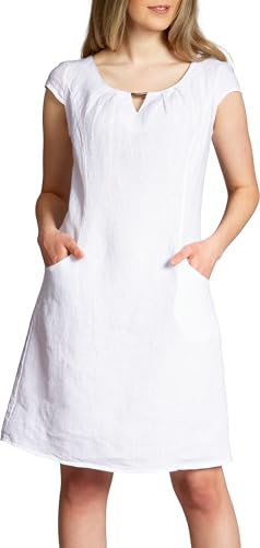 Caspar SKL020 knielanges Damen Sommer Leinenkleid mit eleganter Metallspange bis Größe 50, Farbe:Weiss, Größe:XL - DE42 UK14 IT46 ES44 US12 von Caspar