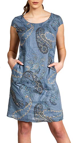 Caspar SKL022 Damen Sommer Leinenkleid mit Paisley Print bis Größe 50, Farbe:Jeans blau, Größe:3XL - DE46 UK18 IT50 ES48 US16 von Caspar