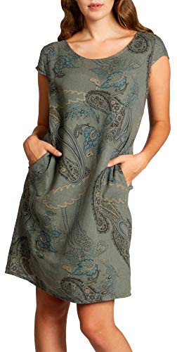 Caspar SKL022 Damen Sommer Leinenkleid mit Paisley Print bis Größe 50, Farbe:Oliv grün, Größe:5XL - DE50 UK22 IT54 ES52 US20 von Caspar