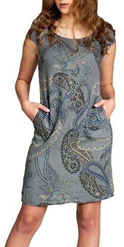 Caspar SKL022 Damen Sommer Leinenkleid mit Paisley Print bis Größe 50, Farbe:dunkelgrau, Größe:XXL - DE44 UK16 IT48 ES46 US14 von Caspar