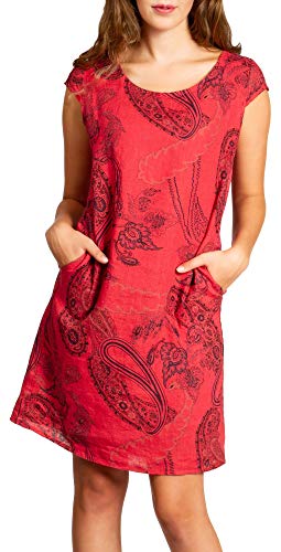 Caspar SKL022 Damen Sommer Leinenkleid mit Paisley Print bis Größe 50, Farbe:rot, Größe:4XL - DE48 UK20 IT52 ES50 US18 von Caspar