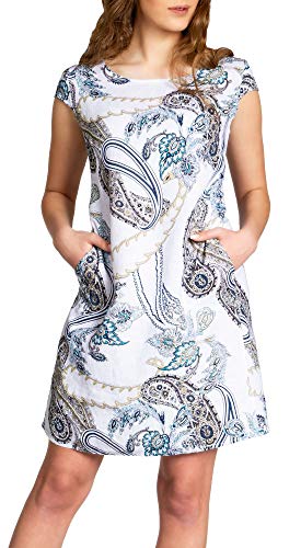 Caspar SKL022 Damen Sommer Leinenkleid mit Paisley Print bis Größe 50, Farbe:Weiss, Größe:M - DE38 UK10 IT42 ES40 US8 von Caspar