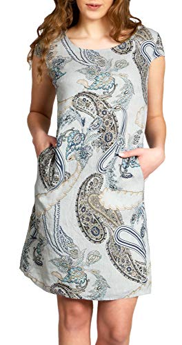 Caspar SKL022 Damen Sommer Leinenkleid mit Paisley Print bis Größe 50, Farbe:hellgrau, Größe:M - DE38 UK10 IT42 ES40 US8 von Caspar