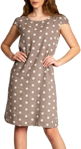 Caspar SKL024 knielanges Damen Sommer Leinenkleid mit Punkte Print, Farbe:Taupe, Größe:L - DE40 UK12 IT44 ES42 US10 von Caspar