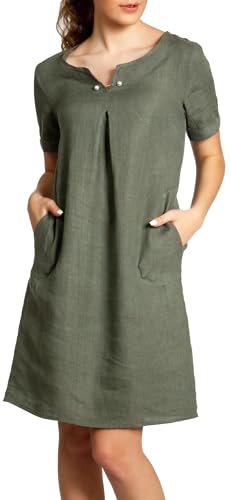 Caspar SKL029 knielanges Damen Sommer Leinenkleid mit elegantem Perlen Dekor, Farbe:Oliv grün, Größe:M - DE38 UK10 IT42 ES40 US8 von Caspar