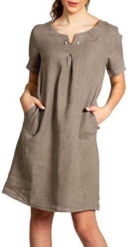 Caspar SKL029 knielanges Damen Sommer Leinenkleid mit elegantem Perlen Dekor, Farbe:Taupe, Größe:M - DE38 UK10 IT42 ES40 US8 von Caspar