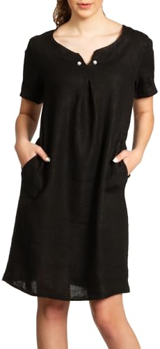 Caspar SKL029 knielanges Damen Sommer Leinenkleid mit elegantem Perlen Dekor, Farbe:schwarz, Größe:L - DE40 UK12 IT44 ES42 US10 von Caspar