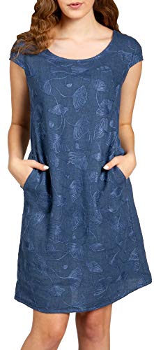 Caspar SKL031 knielanges Damen Sommer Leinenkleid mit Ginko Blatt Stickmuster, Farbe:Jeans blau, Größe:M - DE38 UK10 IT42 ES40 US8 von Caspar