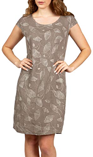 Caspar SKL031 knielanges Damen Sommer Leinenkleid mit Ginko Blatt Stickmuster, Farbe:Taupe, Größe:L - DE40 UK12 IT44 ES42 US10 von Caspar