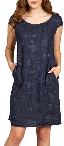 Caspar SKL031 knielanges Damen Sommer Leinenkleid mit Ginko Blatt Stickmuster, Farbe:dunkelblau, Größe:L - DE40 UK12 IT44 ES42 US10 von Caspar