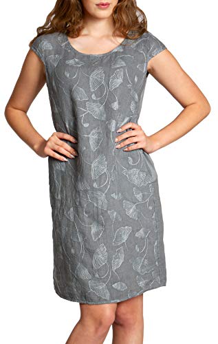 Caspar SKL031 knielanges Damen Sommer Leinenkleid mit Ginko Blatt Stickmuster, Farbe:grau, Größe:L - DE40 UK12 IT44 ES42 US10 von Caspar