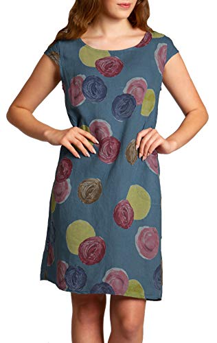 Caspar SKL033 leichtes knielanges Damen Sommer Leinenkleid mit Punkte Print, Farbe:Jeans blau, Größe:L - DE40 UK12 IT44 ES42 US10 von Caspar