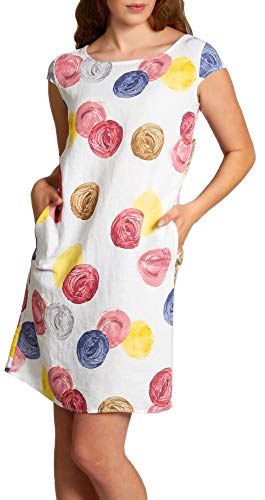 Caspar SKL033 leichtes knielanges Damen Sommer Leinenkleid mit Punkte Print, Farbe:Weiss, Größe:L - DE40 UK12 IT44 ES42 US10 von Caspar