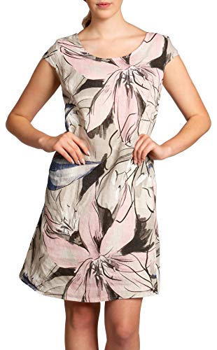 Caspar SKL035 knielanges Elegantes Damen Sommer Leinenkleid mit abstraktem Blüten Print, Farbe:beige, Größe:L - DE40 UK12 IT44 ES42 US10 von Caspar