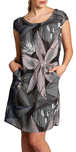 Caspar SKL035 knielanges Elegantes Damen Sommer Leinenkleid mit abstraktem Blüten Print, Farbe:dunkelgrau, Größe:L - DE40 UK12 IT44 ES42 US10 von Caspar