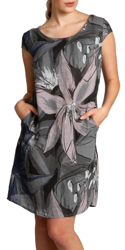 Caspar SKL035 knielanges Elegantes Damen Sommer Leinenkleid mit abstraktem Blüten Print, Farbe:dunkelgrau, Größe:L - DE40 UK12 IT44 ES42 US10 von Caspar