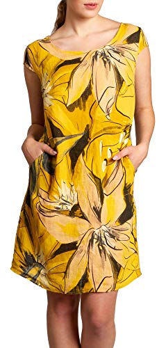 Caspar SKL035 knielanges Elegantes Damen Sommer Leinenkleid mit abstraktem Blüten Print, Farbe:gelb, Größe:L - DE40 UK12 IT44 ES42 US10 von Caspar