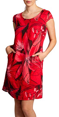 Caspar SKL035 knielanges Elegantes Damen Sommer Leinenkleid mit abstraktem Blüten Print, Farbe:rot, Größe:L - DE40 UK12 IT44 ES42 US10 von Caspar