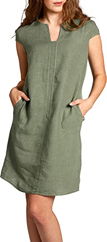Caspar SKL036 Damen Sommer Leinenkleid mit ausgefallenem Ausschnitt, Farbe:Oliv grün, Größe:XL - DE42 UK14 IT46 ES44 US12 von Caspar