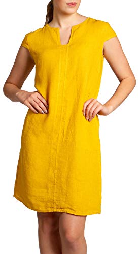 Caspar SKL036 Damen Sommer Leinenkleid mit ausgefallenem Ausschnitt, Farbe:gelb, Größe:L - DE40 UK12 IT44 ES42 US10 von Caspar